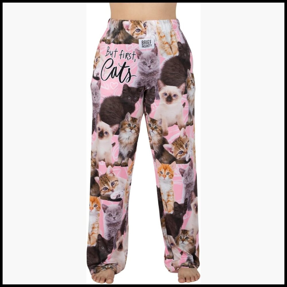 Soft Silky Unisex Sleep Bottoms, Cat Print Lounge Pajama Pants